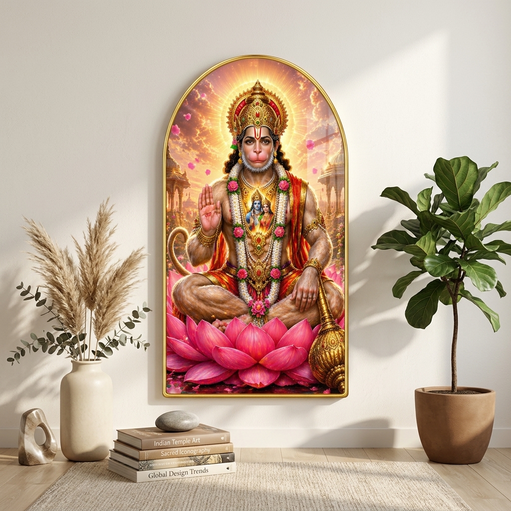 SAF Lord Hanuman Wall Painting for Living Room, Devotional Lotus Artwork, PVC Golden Frame, Arch Shape Wall Decor for Pooja Room, Bedroom, Home Office & Gift 16 X 30 Inch