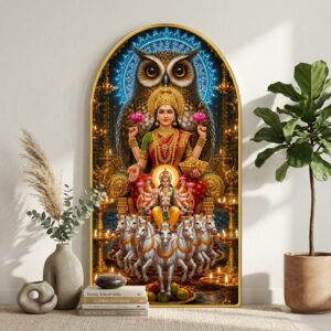 SAF Laxmi Surya Owl Wall Painting for Living Room, Devotional Temple Artwork with Horses, PVC Golden Frame, Arch Shape Wall Decor for Pooja Room, Home & Gift 16 X 30 Inch