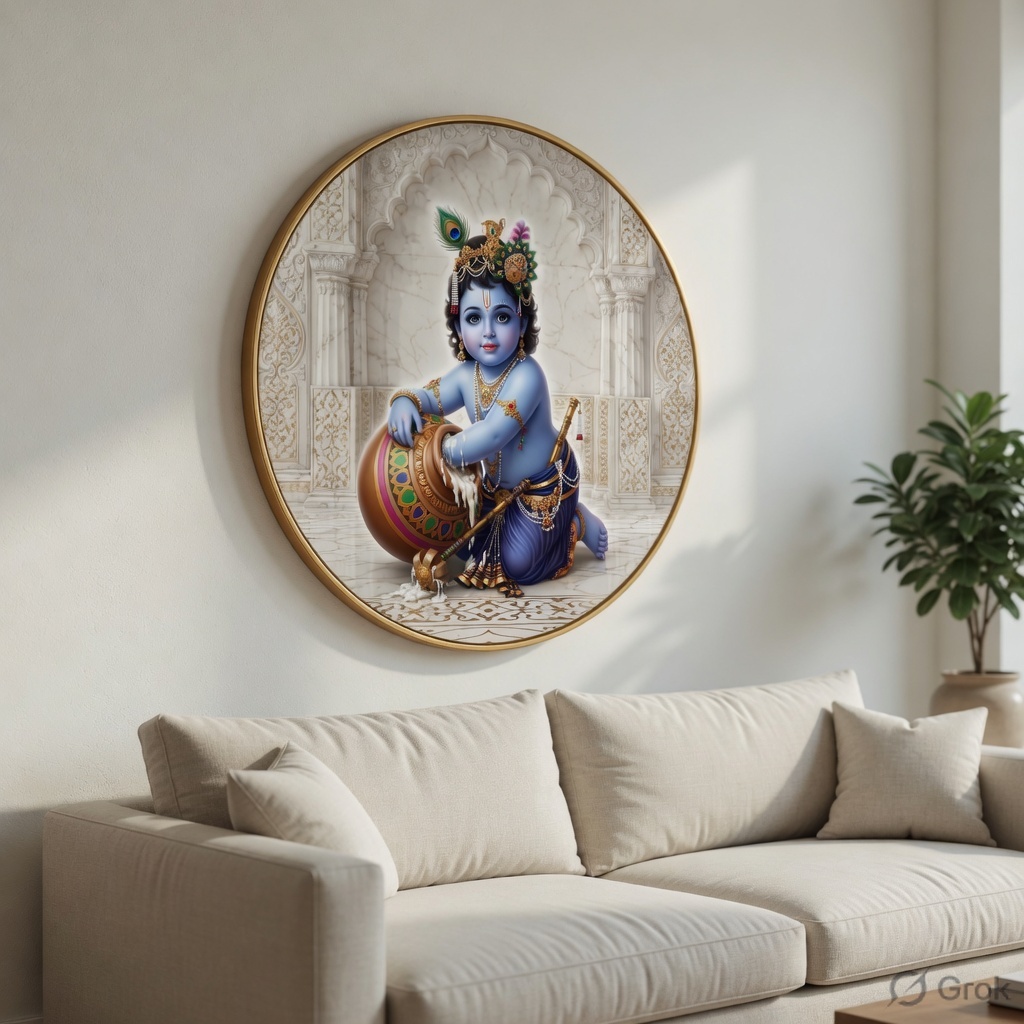 Bal Krishna Makhan Chor Wall Art PVC Round Frame with Sparkle Laminated - Image 4