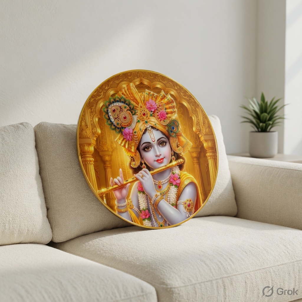 Lord Krishna Wall Art with PVC Round Frame | Sparkle Laminated Flute Krishna Divine Painting | Premium Spiritual Wall Decor for Home Temple Living Room Office Gift Item - Image 2