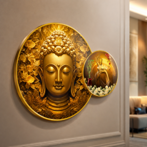 Premium Buddha Lotus Wall Painting with Golden PVC Round Frame | Luxury Spiritual Wall Art for Home Decor