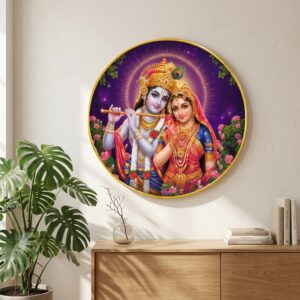 Radha Krishna Round Wall Painting with Premium Golden PVC Frame