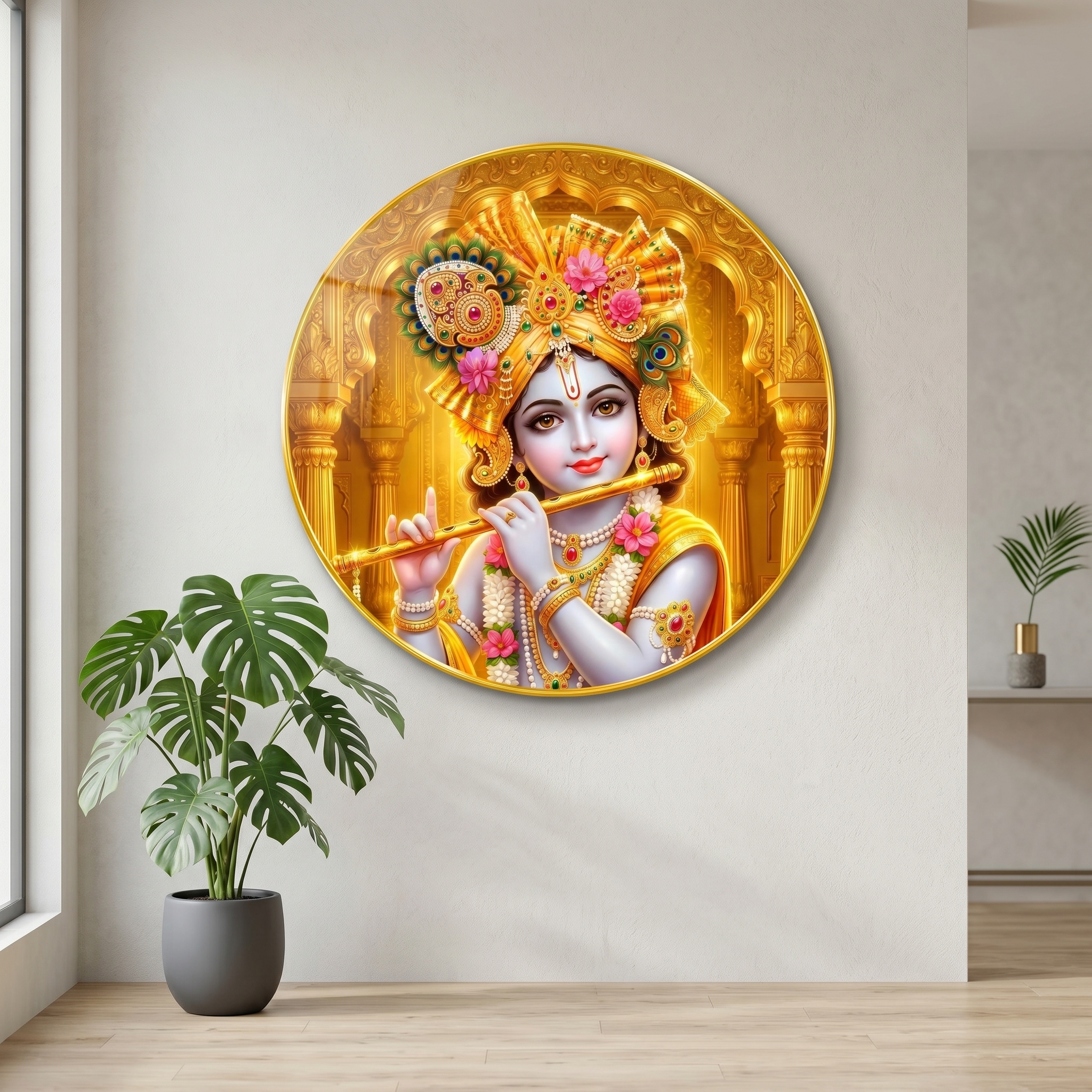 Lord Krishna Wall Art with PVC Round Frame | Sparkle Laminated Flute Krishna Divine Painting | Premium Spiritual Wall Decor for Home Temple Living Room Office Gift Item - Image 4