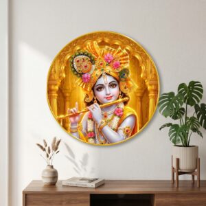 Lord Krishna Wall Art with PVC Round Frame | Sparkle Laminated Flute Krishna Divine Painting | Premium Spiritual Wall Decor for Home Temple Living Room Office Gift Item