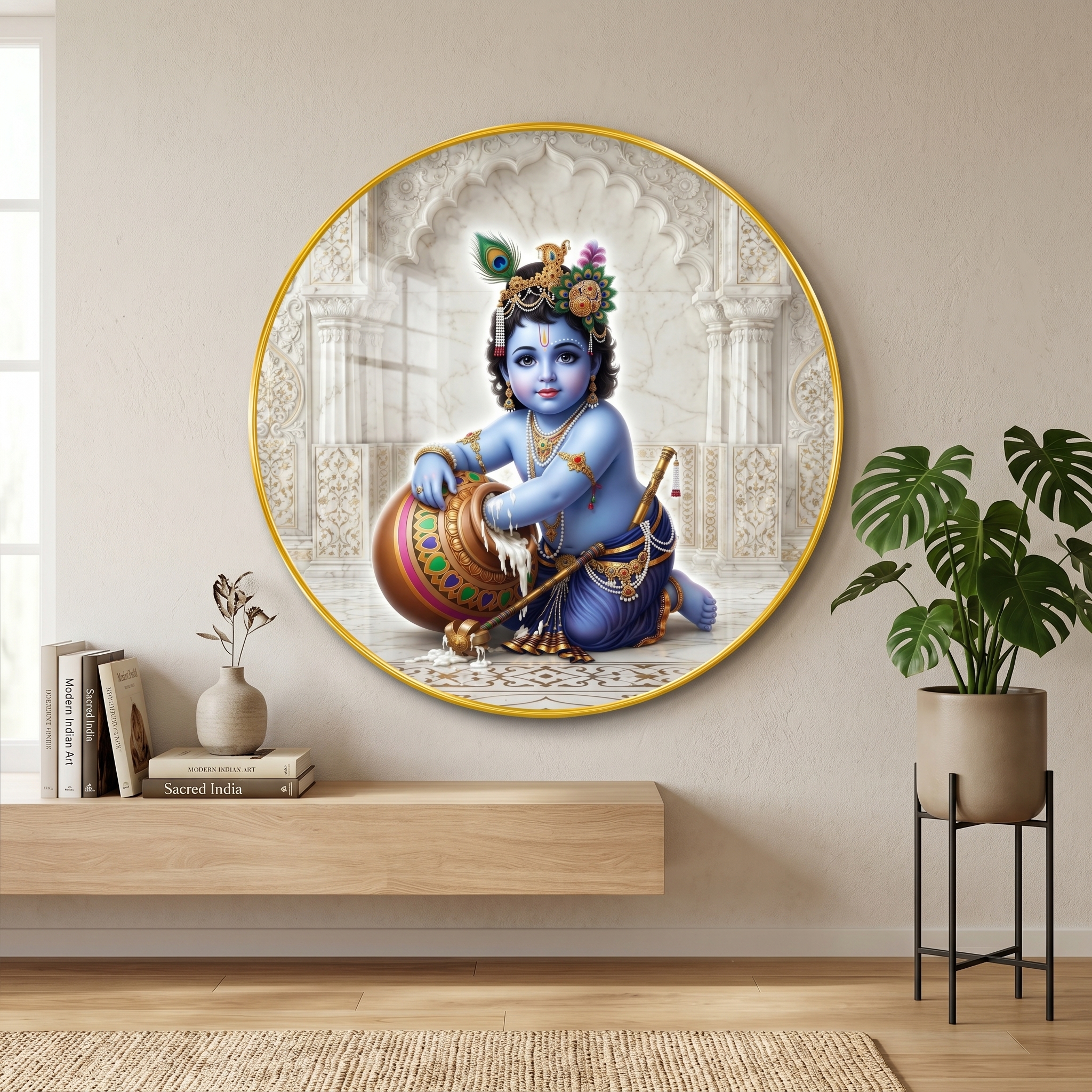 Bal Krishna Makhan Chor Wall Art PVC Round Frame with Sparkle Laminated