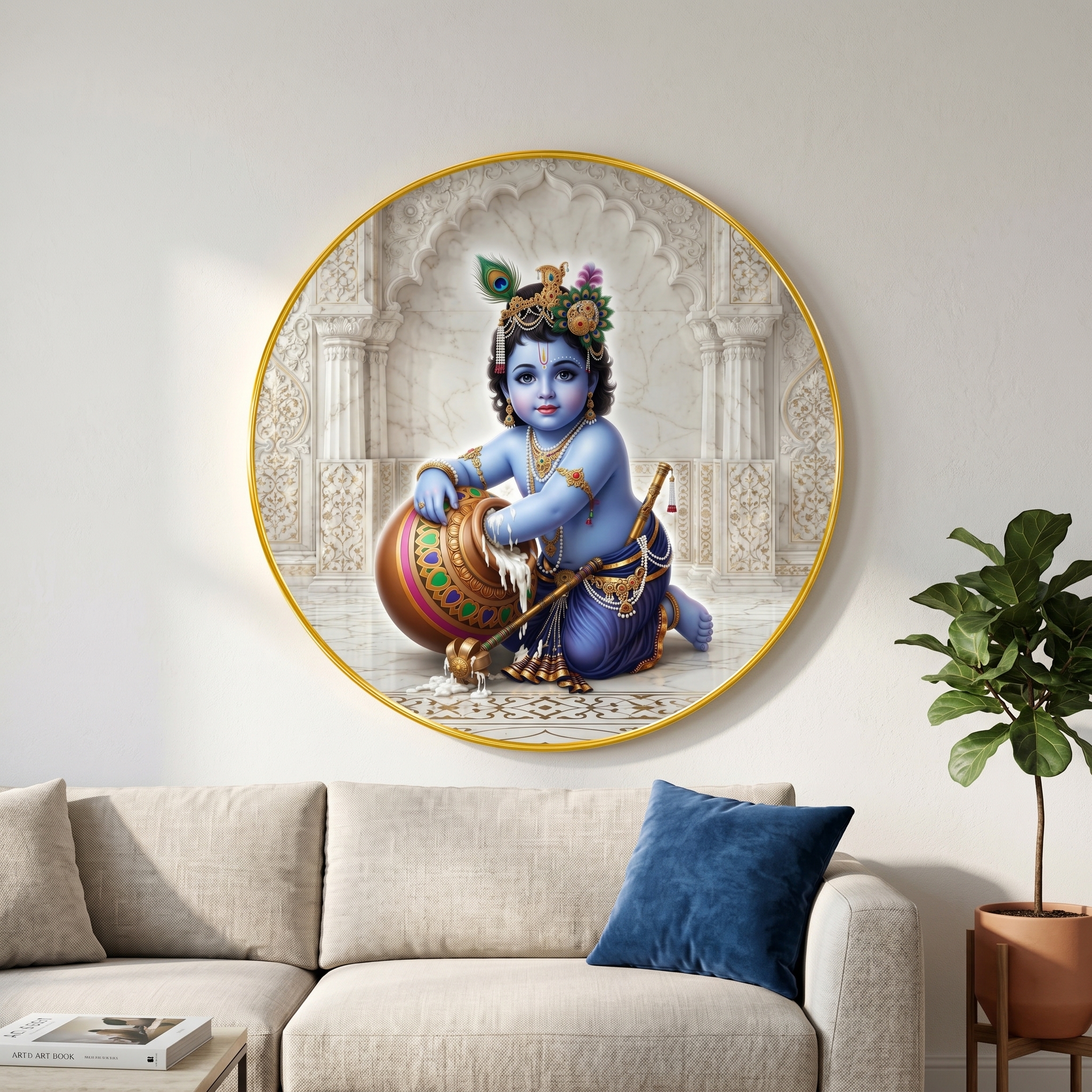 Bal Krishna Makhan Chor Wall Art PVC Round Frame with Sparkle Laminated - Image 2