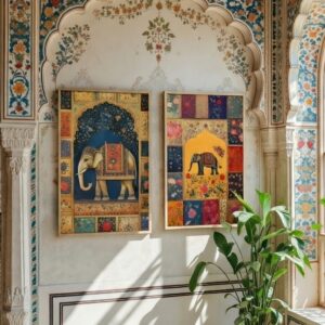Traditional Elephant Wall Painting Set of 2 Collection with Premium Synthetic Wooden Frame | HD Print with Sparkle Lamination for Living Room Bedroom Office Decor