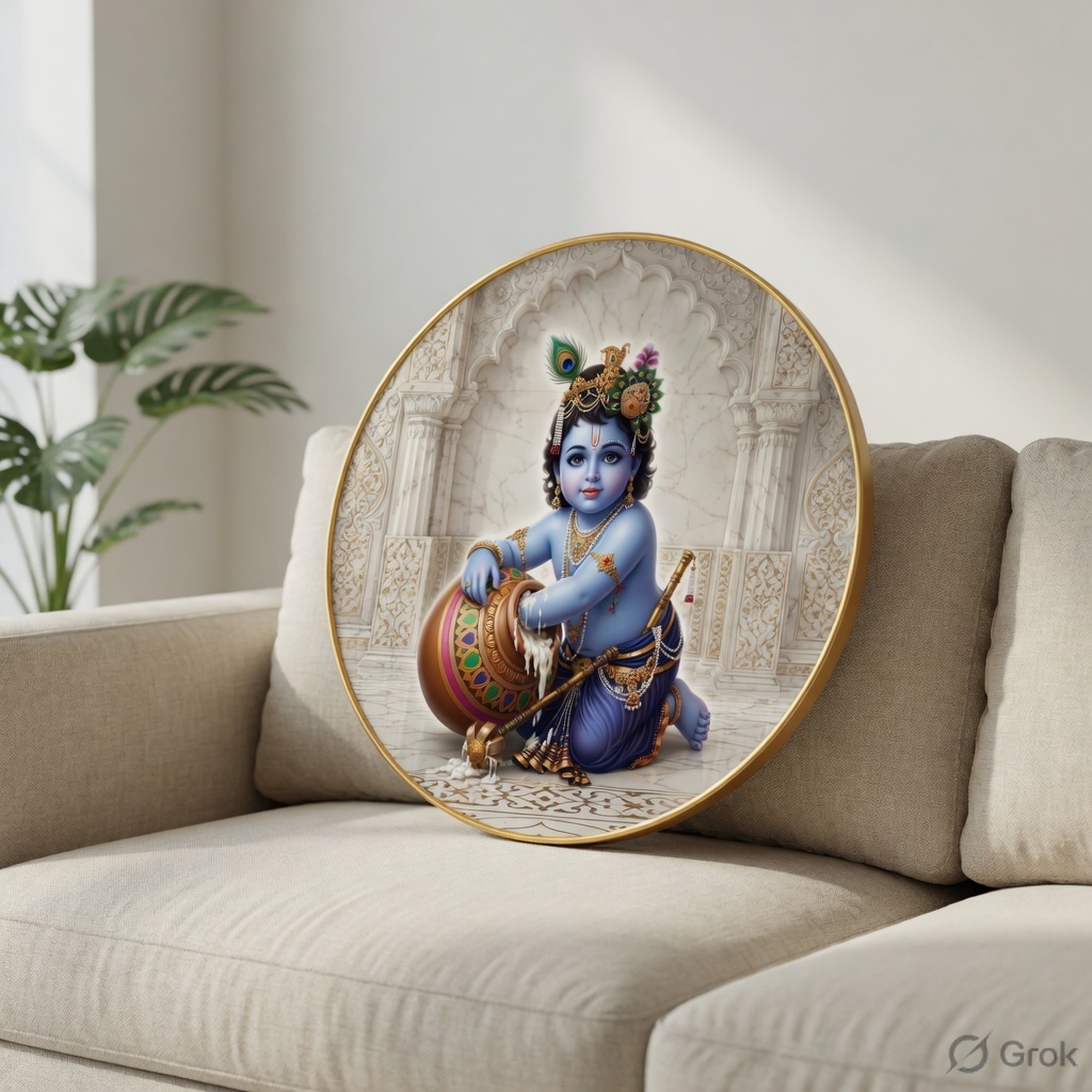 Bal Krishna Makhan Chor Wall Art PVC Round Frame with Sparkle Laminated - Image 3