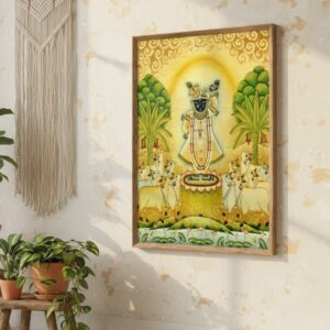 Shrinathji Krishna & Cow Pichwai Wall Painting Collection with Premium Synthetic Wooden Frame | HD Print with Sparkle Lamination for Living Room Bedroom Pooja Room