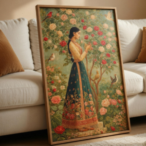 Traditional Indian Women & Heritage Wall Painting with Premium Wooden Synthetic Frame | HD Print with Sparkle Lamination for Living Room Bedroom Office