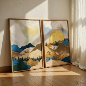 Modern Mountain Landscape Wall Painting Set of 2 Collection with Premium Synthetic Wooden Frame | HD Print with Sparkle Lamination for Living Room Bedroom Office Decor