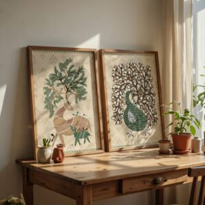 Botanical Birds, Deer & Peacock Wall Painting Set of 2 with Premium Synthetic Wooden Frame | HD Print with Sparkle Lamination for Living Room Bedroom Office Decor