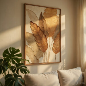 Minimal Floral Botanical Wall Painting with Premium Wooden Synthetic Frame | HD Print with Sparkle Lamination for Living Room Bedroom Office Décor