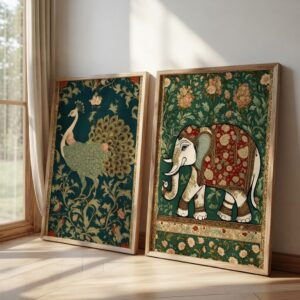 Peacock & Elephant Floral Wall Painting Set of 2 with Premium Synthetic Wooden Frame | HD Print with Sparkle Lamination for Living Room Bedroom Office Decor