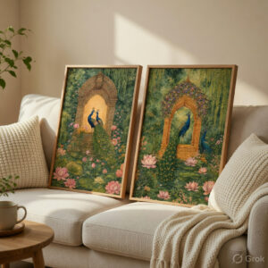 Royal Peacock, Elephant & Botanical Wall Painting Set of 2 with Premium Synthetic Wooden Frame | HD Print with Sparkle Lamination for Living Room Bedroom Office Decor