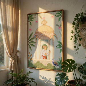 Royal Mughal Prince & Princess Botanical Pavilion Wall Painting Collection with Premium Synthetic Wooden Frame | HD Print with Sparkle Lamination for Living Room Bedroom Office Decor