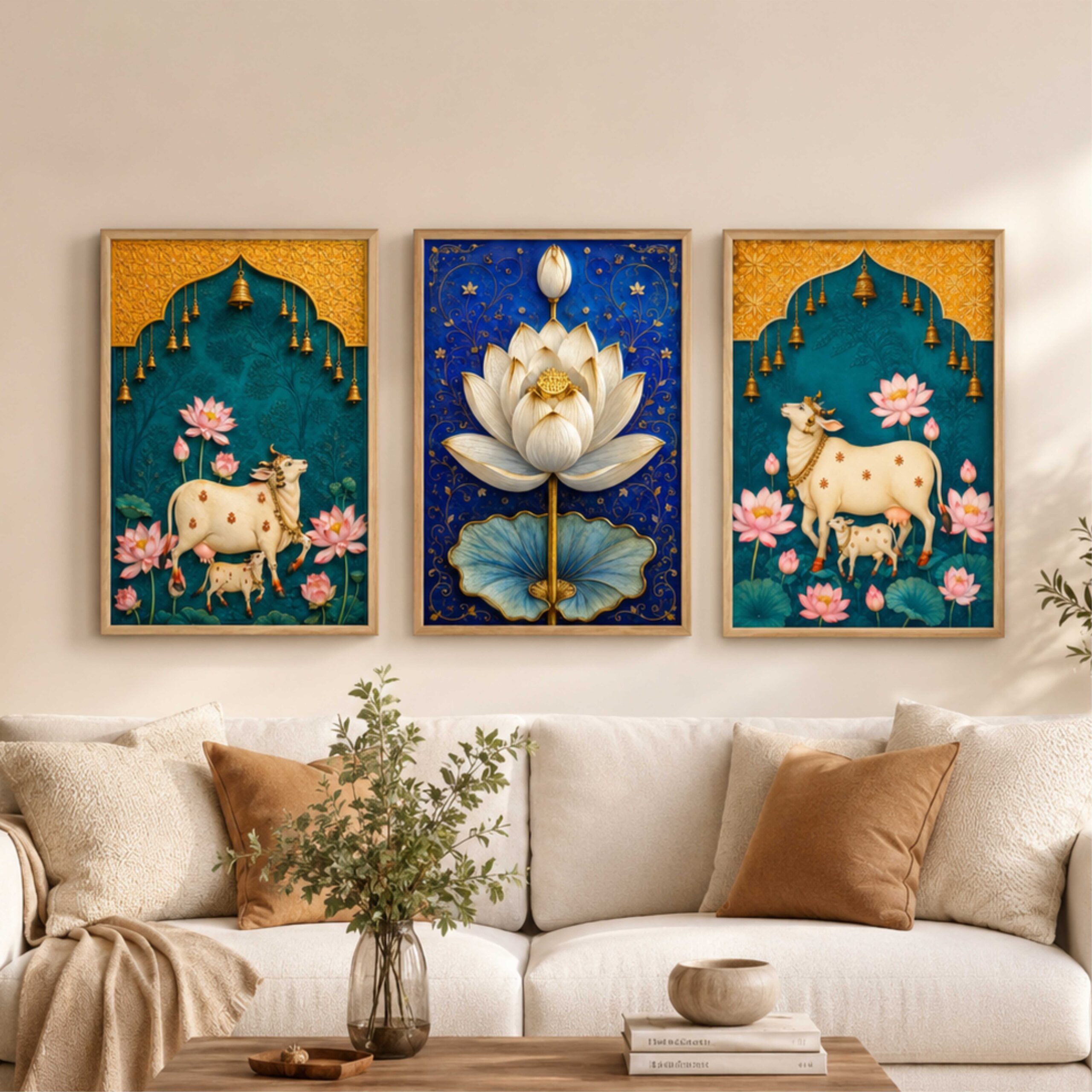 Traditional Indian Cow, Lotus & Krishna Wall Painting Set of 3 with Premium Synthetic Wooden Frame | HD Print with Sparkle Lamination for Living Room Bedroom Pooja Room Decor