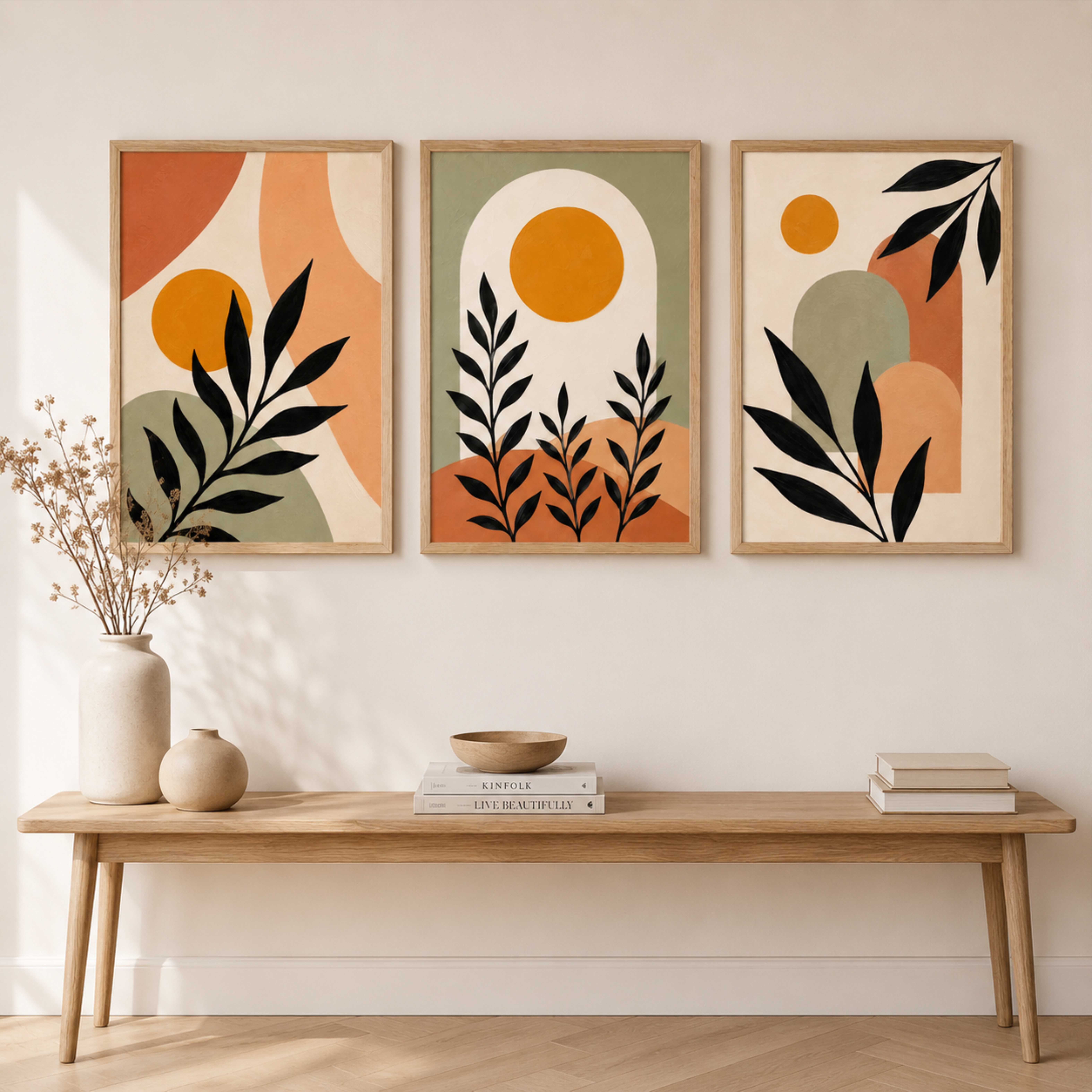 Modern Abstract Botanical & Boho Wall Painting Set of 3 with Premium Synthetic Wooden Frame | HD Print with Sparkle Lamination for Living Room Bedroom Office D?cor