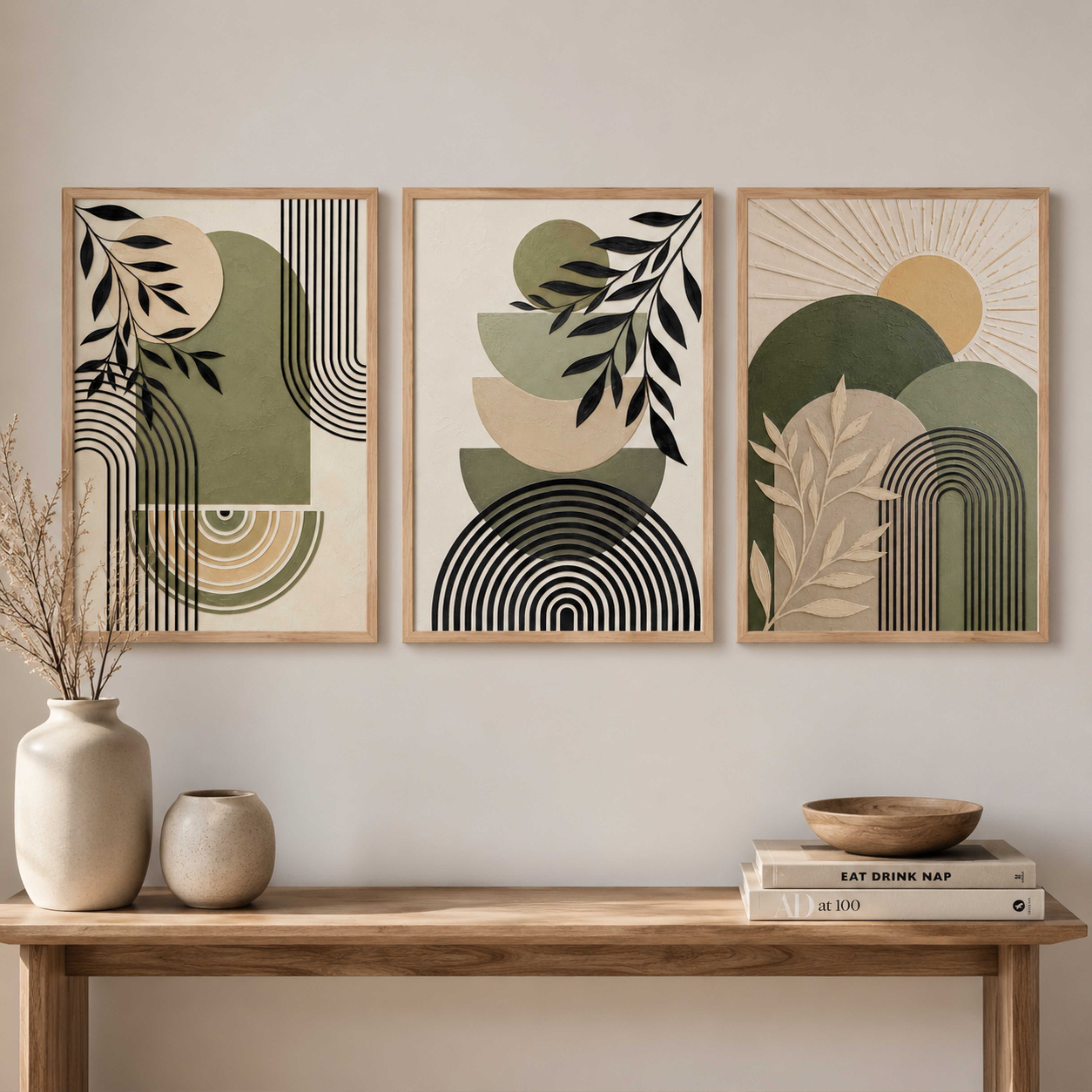 Modern Abstract Botanical & Celestial Wall Painting Set of 3 with Premium Synthetic Wooden Frame | HD Print with Sparkle Lamination for Living Room Bedroom Office Decor