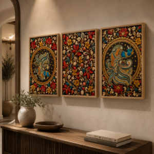 Traditional Indian Peacock & Floral Wall Painting Set of 3 with Premium Synthetic Wooden Frame | HD Print with Sparkle Lamination for Living Room Bedroom Decor