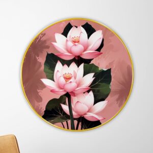 Floral & Lotus Round Wall Art with Premium PVC Round Golden Frame | HD Print with Sparkle Lamination | Botanical Flower Wall Decor for Living Room Bedroom Office