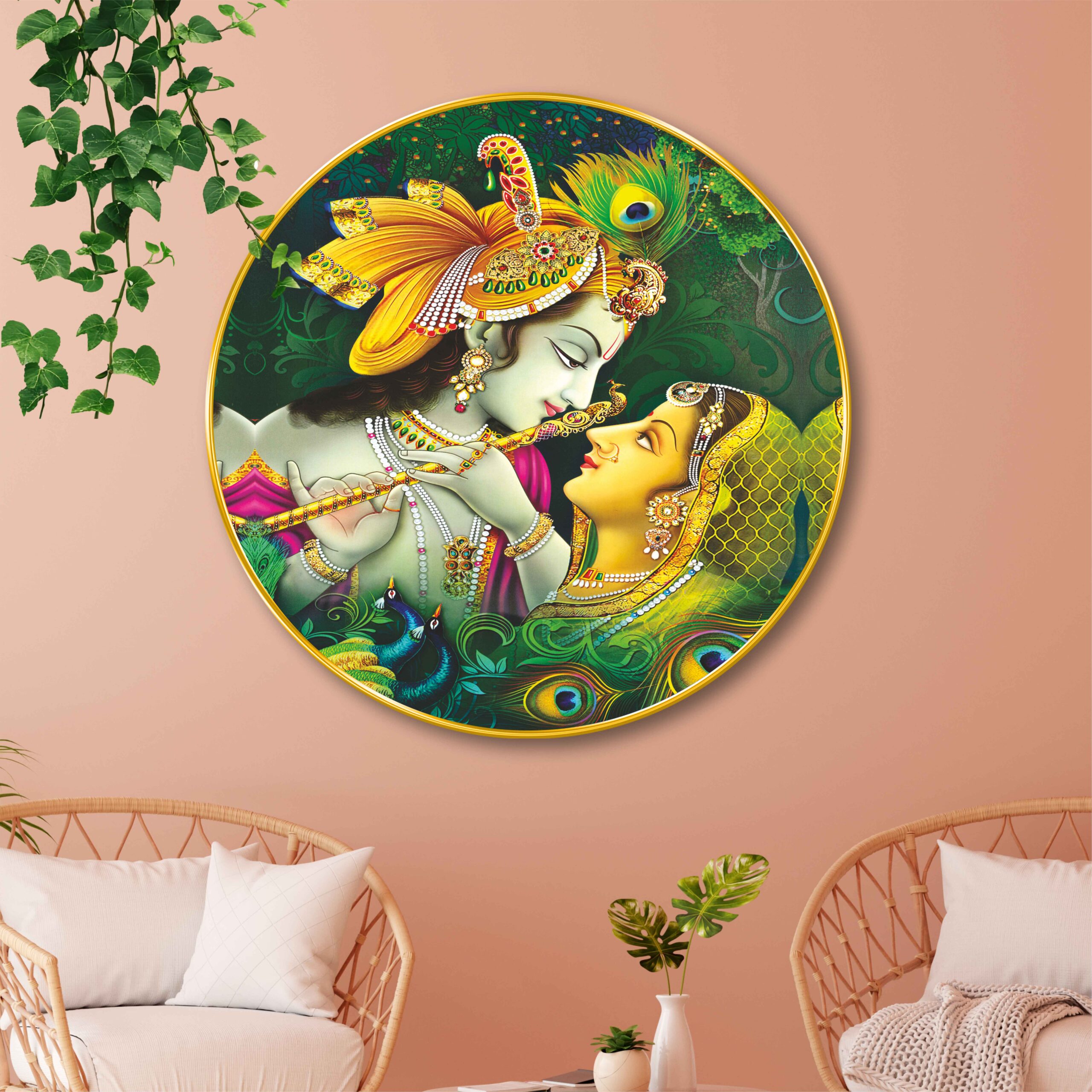 Radha Krishna Wall Art with Premium PVC Round Golden Frame | HD Print with Sparkle Lamination | Divine Couple Wall Decor for Living Room, Bedroom & Pooja Space
