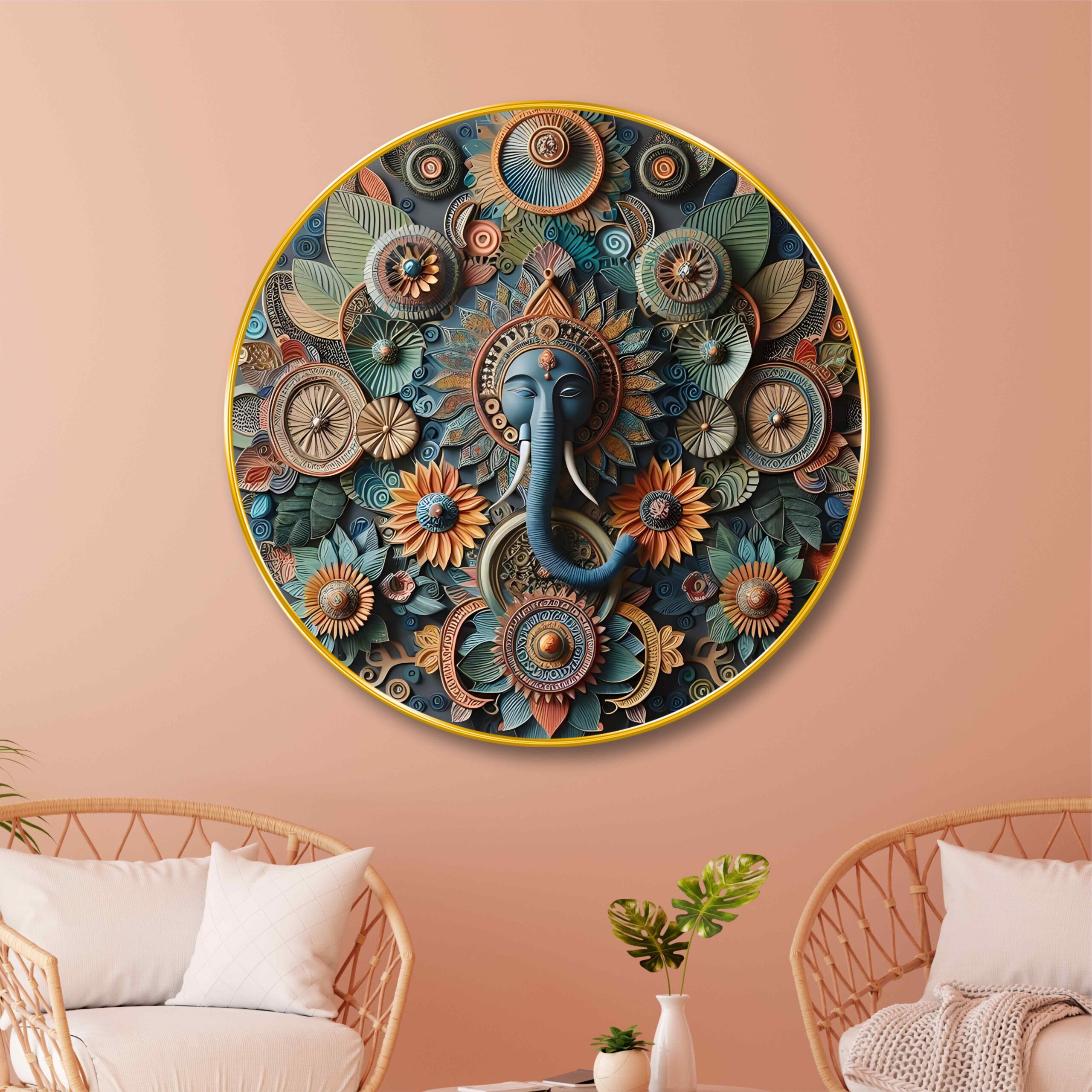 Lord Ganesha Spiritual Round Wall Art Collection | HD Print with Sparkle Lamination & Premium PVC Round Golden Frame