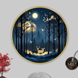 Premium Nature Landscape Round Wall Art Collection with PVC Golden Frame | Moonlight Forest, Mountain Lake & Scenic Nature HD Wall Paintings for Living Room Bedroom Office