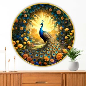 Peacock Wall Art with Premium PVC Round Frame | HD Print with Sparkle Lamination | Nature-Inspired Wall Decor for Living Room Bedroom Office