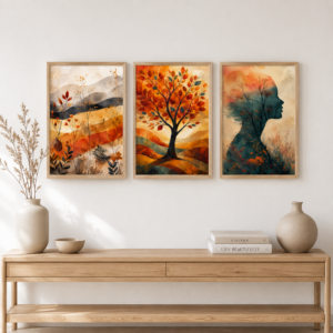 Abstract Nature & Minimalist Botanical Wall Painting Set of 3 with Premium Synthetic Wooden Frame | HD Print with Sparkle Lamination for Living Room Bedroom Office