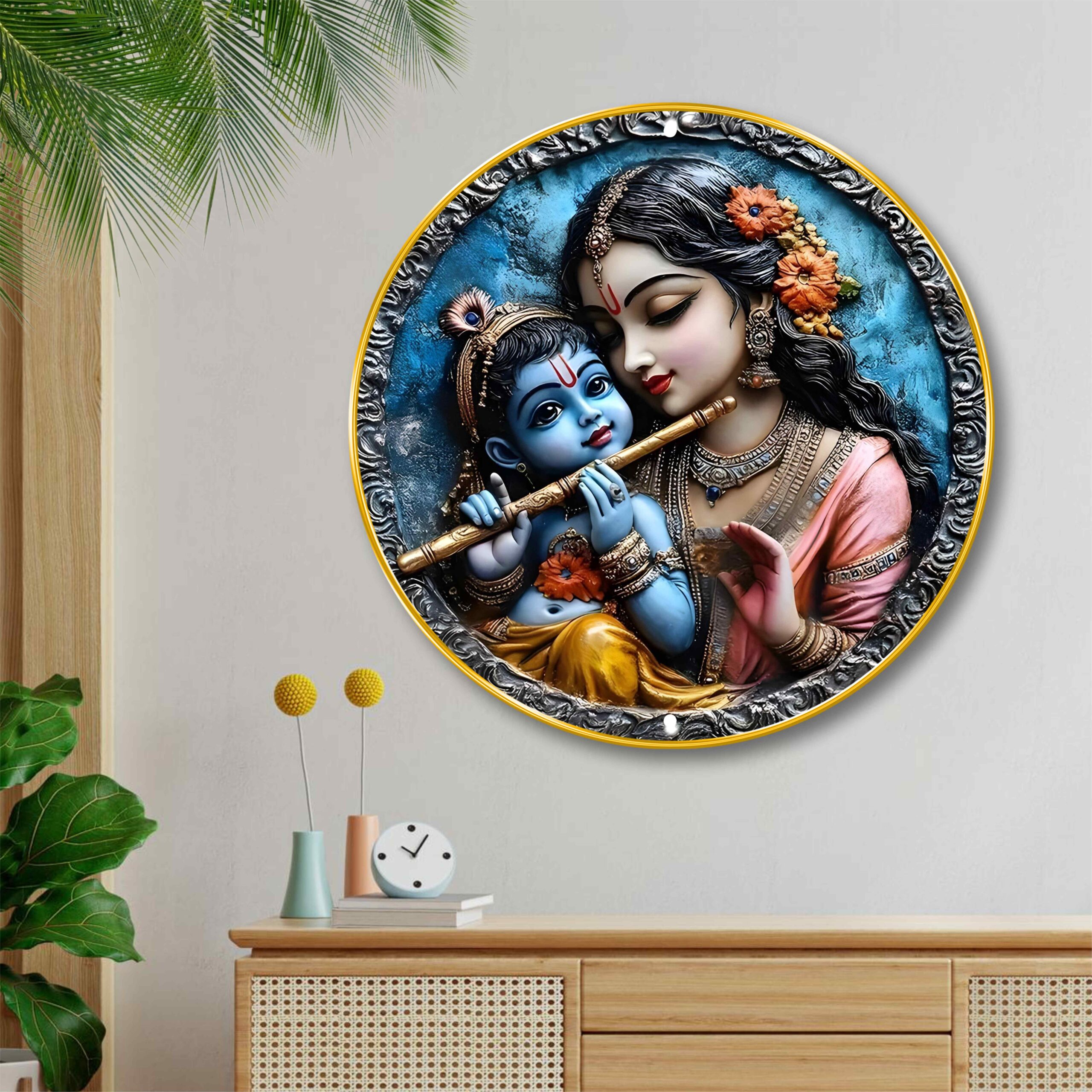 Radha Krishna Divine Love Round Wall Art with Premium PVC Golden Frame | HD Print with Sparkle Lamination | Devotional Wall Painting for Living Room, Bedroom & Pooja Room