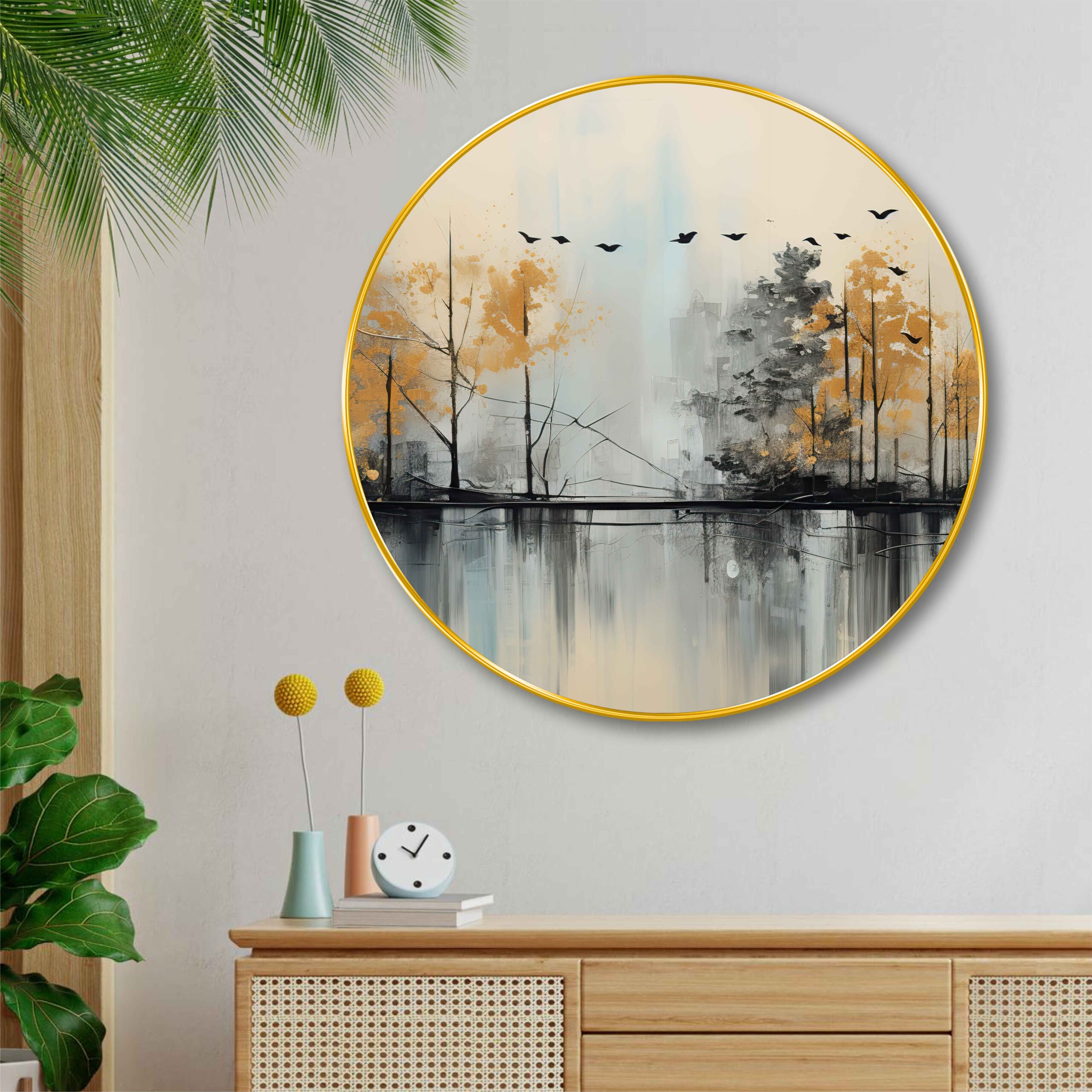 Nature Landscape, Waterfall & Tree of Life Round Wall Painting Collection | HD Print with Sparkle Lamination | Premium PVC Round Golden Frame | Multi Size Wall Art for Living Room, Bedroom, Office
