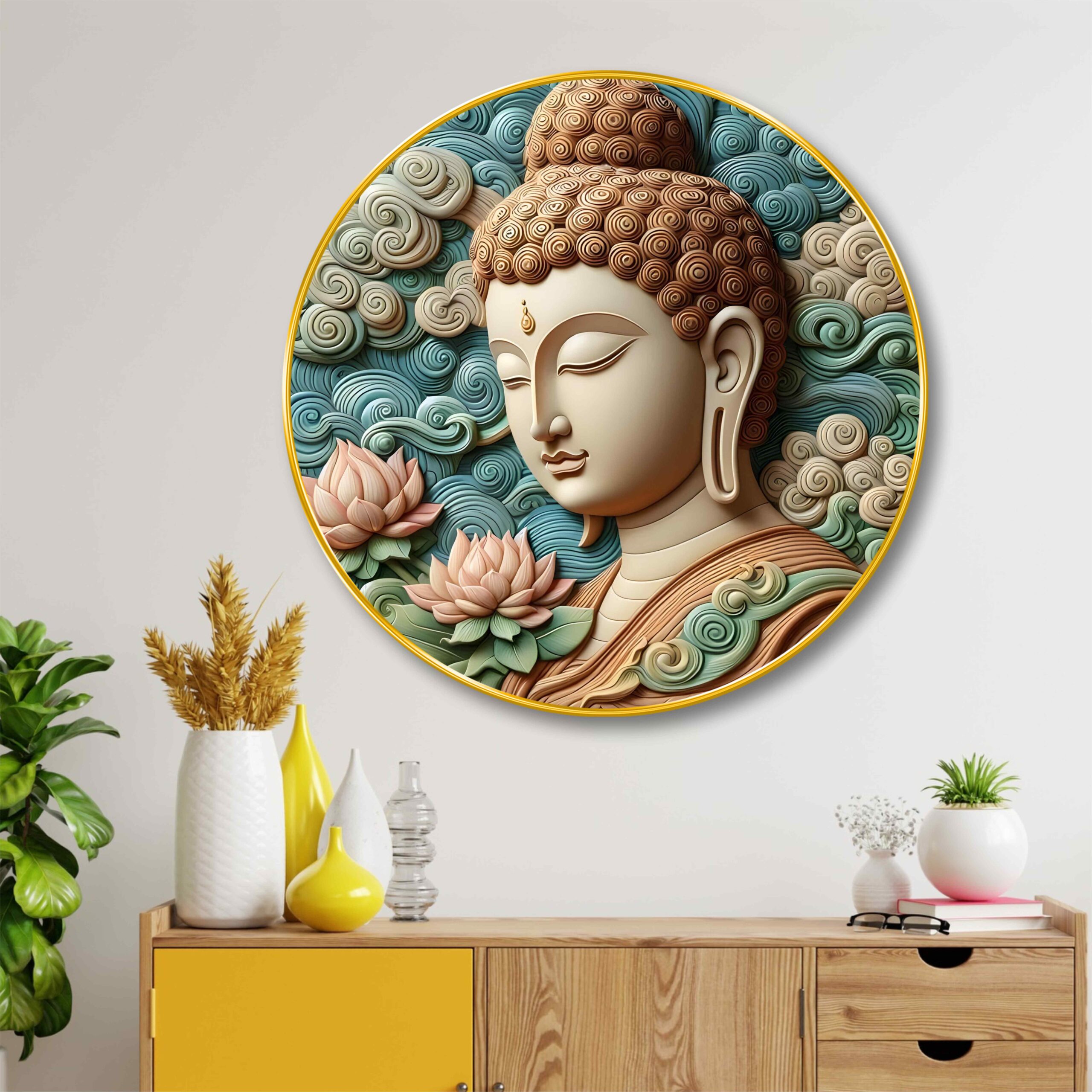 Premium Buddha Round Wall Painting Collection with Golden PVC Frame | Spiritual Meditation & Lotus Wall Art for Living Room Bedroom Office & Home Decor