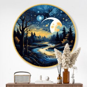 Premium Nature & Moonlight Round Wall Art Collection - Mountain, Forest & Fantasy Landscape Paintings with Golden Frame