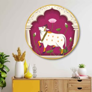 Kamdhenu Cow Round Wall Art with Premium PVC Round Golden Frame | HD Print with Sparkle Lamination | Traditional Pichwai-Inspired Cow & Lotus Wall Decor for Living Room, Pooja Room