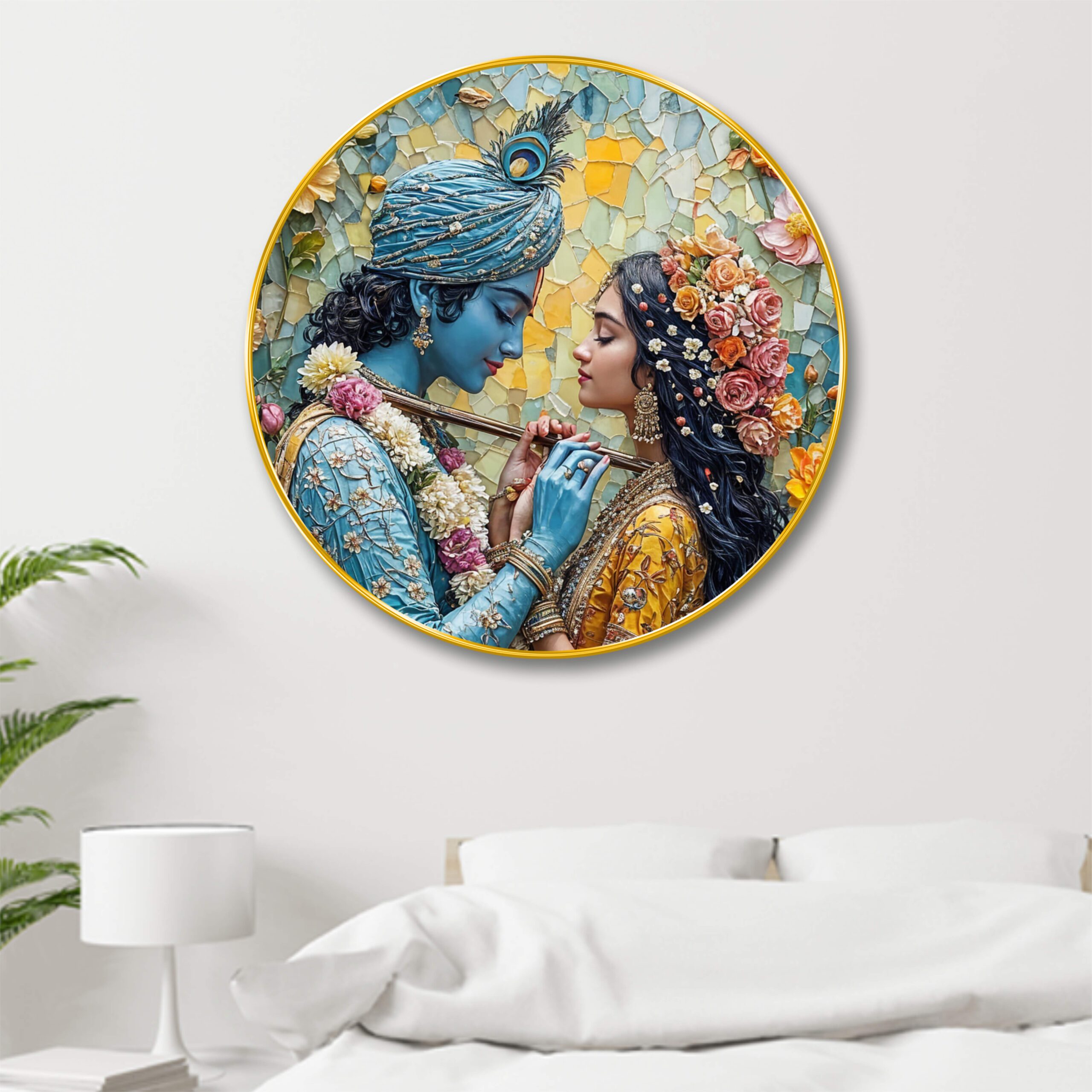 Radha Krishna Wall Art with Premium PVC Round Golden Frame | HD Print with Sparkle Lamination | Divine Couple Wall Decor for Living Room, Bedroom & Pooja Space
