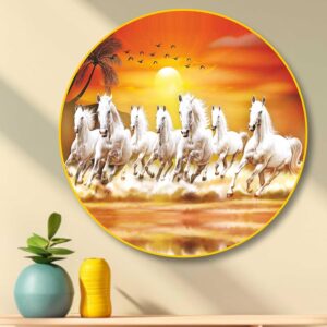 Seven Running Horses Sunrise Round Wall Art Collection with Premium PVC Golden Frame | HD Print with Sparkle Lamination | Vastu-Inspired Horse Wall Painting for Living Room, Bedroom & Office