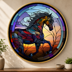Running Horses Round Wall Art Collection with Premium PVC Golden Frame | HD Print with Sparkle Lamination | Horse Wall Painting for Living Room, Bedroom & Office