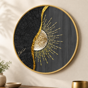Modern Abstract Sun & Celestial Face Round Wall Art Collection | HD Print with Sparkle Lamination | Premium PVC Round Golden Frame | Contemporary Living Room, Bedroom & Office Wall Decor