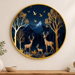Premium Deer & Golden Nature Round Wall Painting Collection with PVC Golden Frame