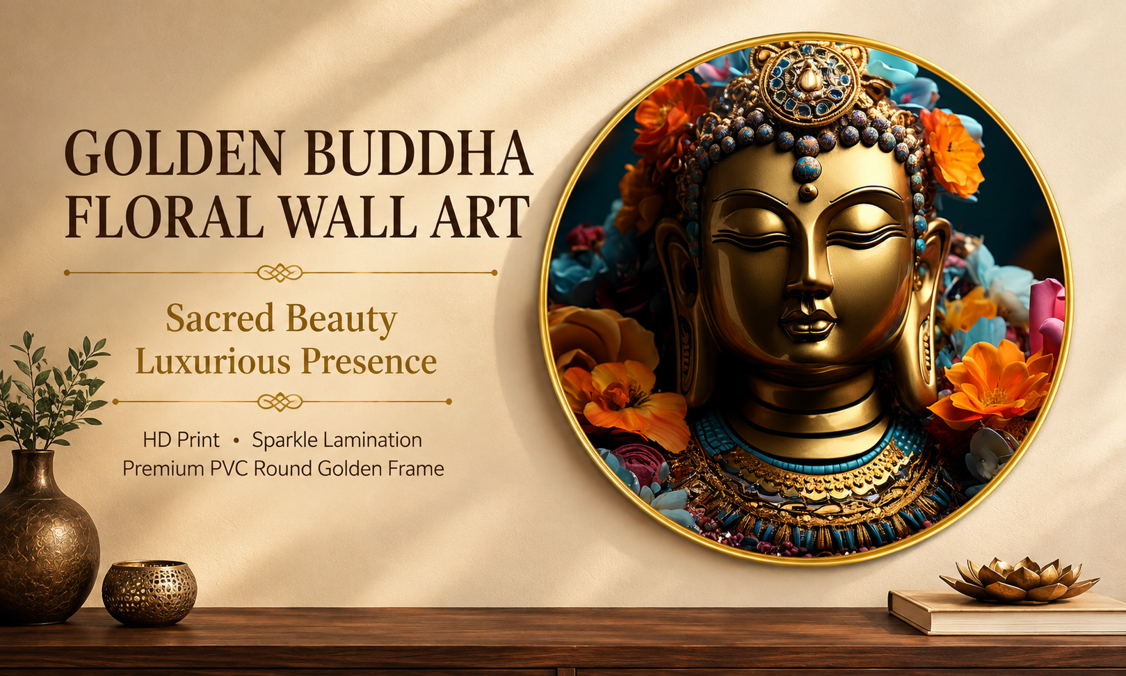 Golden Buddha with Colourful Floral Surround banner