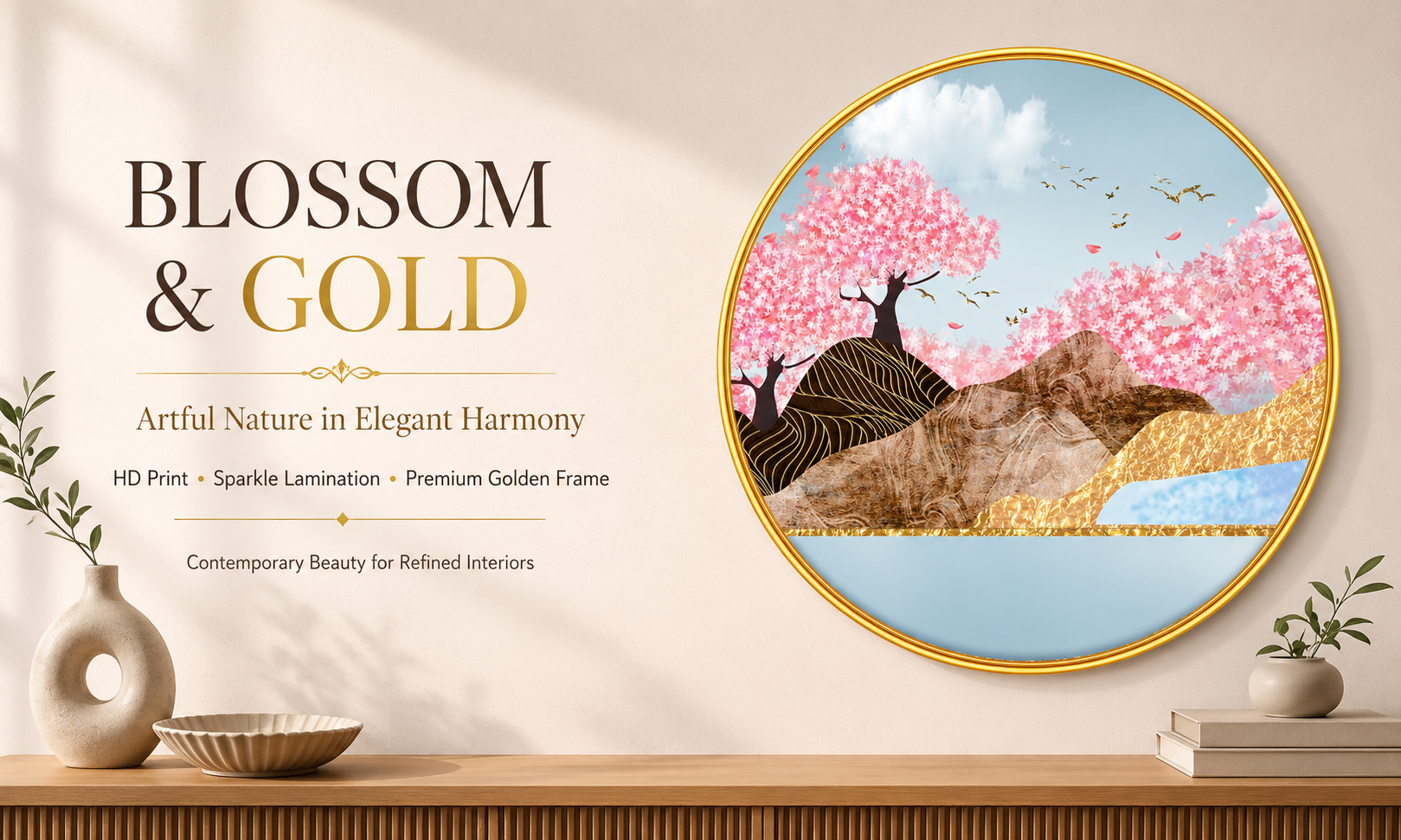 Pink Blossom & Golden Abstract Nature Landscape banner