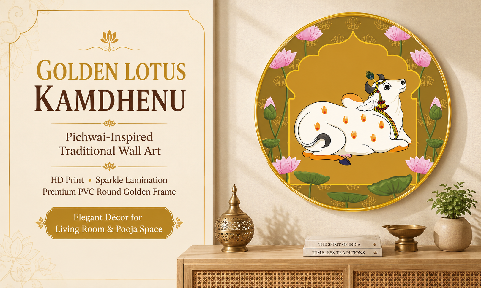 Kamdhenu Cow with Golden Lotus Background banner
