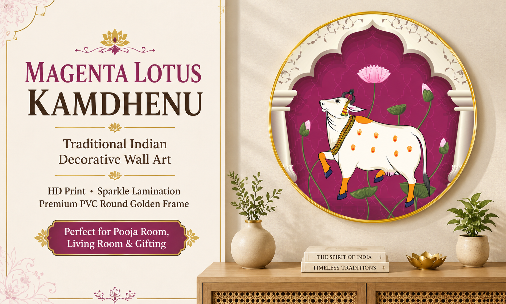 Kamdhenu Cow with Magenta Lotus Arch banner