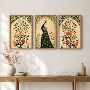 Peacock Wall Painting Set of 3 with Premium Synthetic Wooden Frame | HD Print with Sparkle Lamination | Floral Peacock Wall Art for Living Room Bedroom Office Decor
