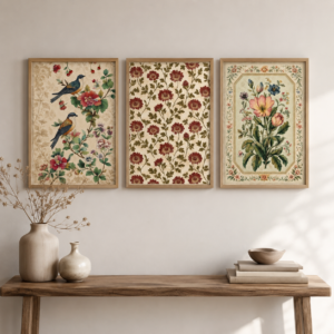 Floral & Bird Botanical Wall Painting Set of 3 with Premium Synthetic Wooden Frame | HD Print with Sparkle Lamination for Living Room Bedroom Dining Room Office Decor