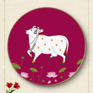 Kamdhenu Cow Round Wall Painting with Premium PVC Golden Frame | HD Print with Sparkle Lamination | Sacred Cow & Lotus Wall Art for Living Room, Pooja Room & Home Decor