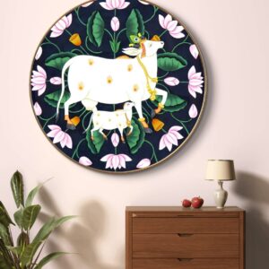 Kamdhenu Cow & Calf Lotus Round Wall Painting with Premium PVC Golden Frame | HD Print with Sparkle Lamination | Traditional Sacred Cow Wall Art for Living Room, Pooja Room & Home Decor