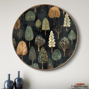 Nature & Tree of Life Round Wall Art Collection with Premium PVC Golden Frame | HD Print with Sparkle Lamination | Botanical Forest & Artistic Tree Wall Painting for Living Room, Bedroom & Office