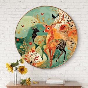 Premium Deer & Nature Round Wall Painting Collection with Golden PVC Frame | HD Print with Sparkle Lamination | Modern Wildlife & Abstract Nature Wall Art for Living Room Bedroom Office & Home Decor